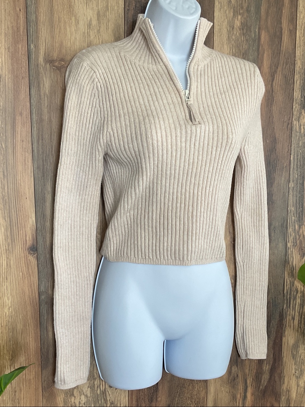 aerie Beige Ribbed Half-Zip Pullover Cowl Neck Fitted Sweater M          C328
